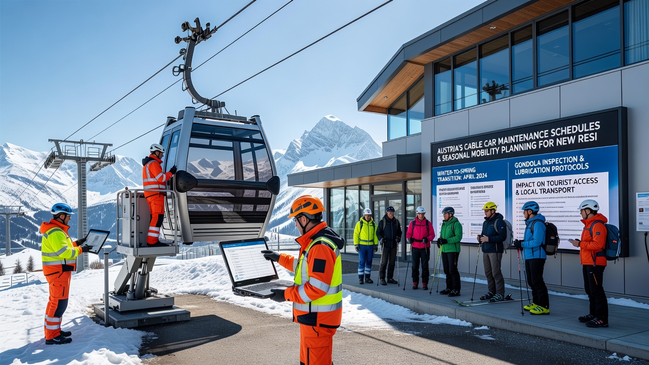 Maintenance crew inspecting cable car mechanisms against a backdrop of snow-dusted peaks