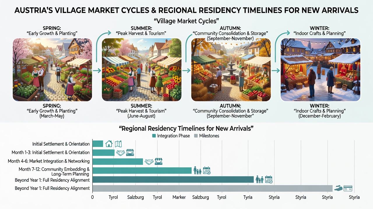 Rural Austrian market stalls aligned with seasonal produce and community activity